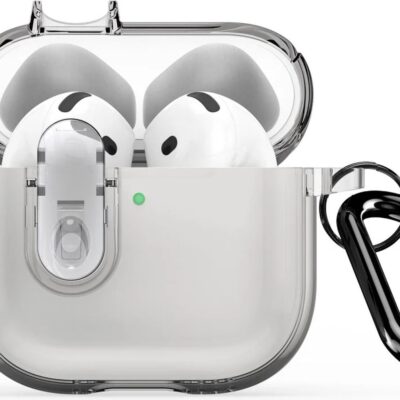 Pilkas dėklas Dux Ducis PECL skirtas Apple AirPods 4 su pritvirtintu juodu karabinu ir skaidriu dizainu