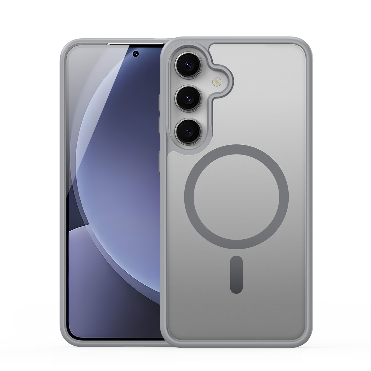 Pilkas dėklas Samsung S936 S25 Plus Dux Ducis Yind Pilkas dėklas Samsung S936 S25 Plus Dux Ducis Yind su kamera matomuose viršuje ir magnetinio žiedo ženklu gale