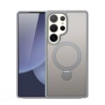 Pilkas dėklas Samsung S938 S25 Ultra su magnetiniu stoveliu, matomas telefono priekis ir nugarėlė
