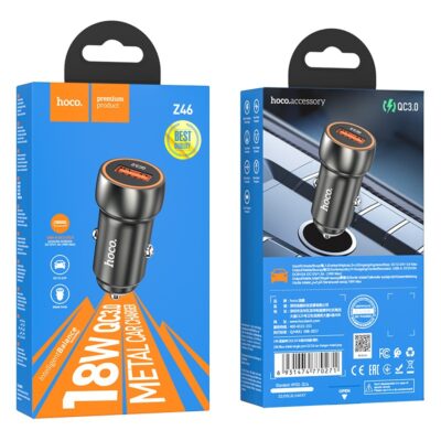 Pilkas įkroviklis automobilinis Hoco Z46 USB-A 18W QC3.0 su metaliniu korpusu dėžutėje