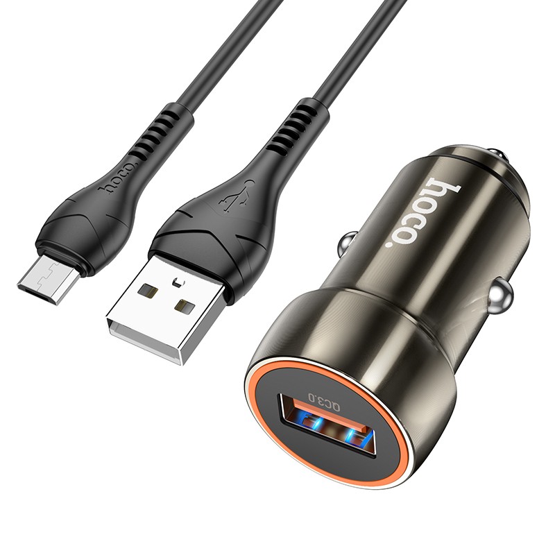 Pilkas įkroviklis automobilinis Hoco Z46 USB-A 18W QC3.0 Pilkas įkroviklis automobilinis Hoco Z46 USB-A 18W QC3.0 su MicroUSB laidu