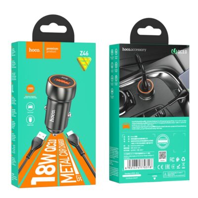 Pilkas įkroviklis automobilinis Hoco Z46 USB-A 18W QC3.0 ir Type-C jungtimis