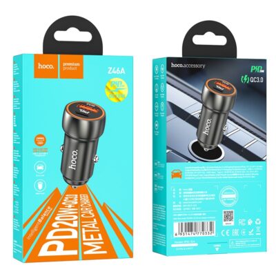 Pilkas įkroviklis automobilinis Hoco Z46A USB-A ir Type-C su PD20W ir QC3.0