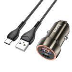 Pilkas įkroviklis automobilinis Hoco Z46A su USB-A ir Type-C jungtimis.