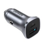 Pilkas įkroviklis automobilinis Ugreen CD130 su USB-C ir USB-A jungtimis