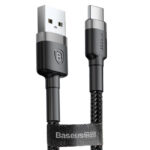Pilkas juodas USB kabelis Baseus Cafule Type-C 1.0m 3.0A CATKLF-BG1 su audiniu aptrauktu laidu ir pilkais jungtimis