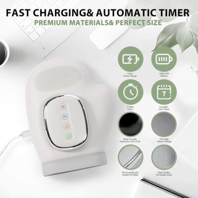 Pilkas rankų ir riešų masažuoklis Reach Smart Hand Massager ant balto fono su mygtukais ir įkrovimo laidu