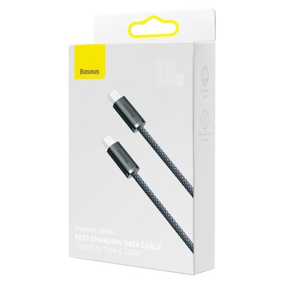 Pilkas USB kabelis Baseus Dynamic 100W Type-C 1.0m su nailonine pynute ir metaliniais jungtimis