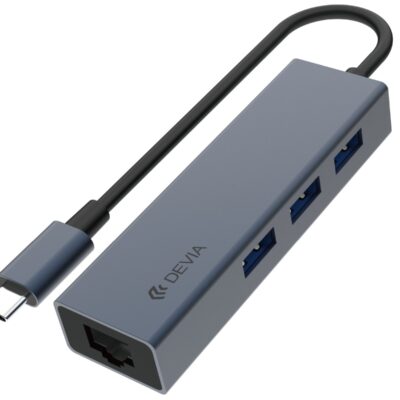 Pilkas USB šakotuvas Devia Leopard su Type-C jungtimi ir keturiomis USB 3.0 jungtimis