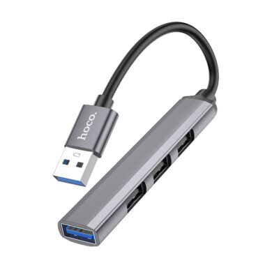 Pilkas USB šakotuvas Hoco HB26 4-in-1 adapter USB-A to 1xUSB3.0 + 3xUSB2.0 su trumpu juodu laidu