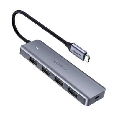 Pilkas USB-C šakotuvas Ugreen CM219 su keturiomis USB-A jungtimis ir USB-C maitinimo jungtimi