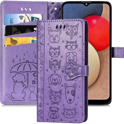 Purpurinis dėklas Samsung Galaxy A035 A03s su graviruotais kačių ir šunų veidais