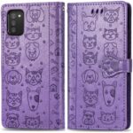 Purpurinis dėklas Samsung Galaxy A035 A03s su įspaustais katės ir šuns veidais