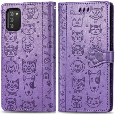 Purpurinis dėklas Samsung Galaxy A035 A03s su įspaustais katės ir šuns veidais