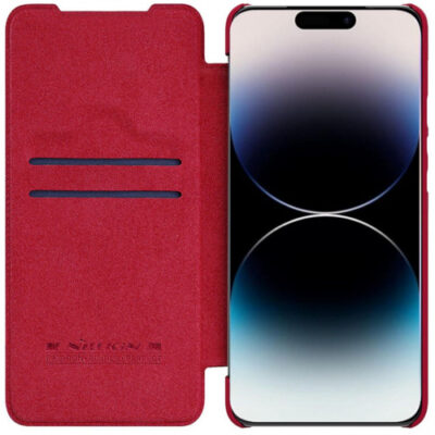 Raudonas atverčiamas dėklas Apple Iphone 14 Pro Max Nillkin Qin Pro atidarytas su matoma telefono ekrano dalimi