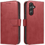Raudonas atverčiamas dėklas Samsung A266 A26 5G Wallet išmatavimu ir aptrauktas oda
