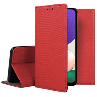 Raudonas atverčiamas dėklas Samsung Galaxy A226 A22 5G Smart Magnet su tekstūruota paviršiaus raudona spalva