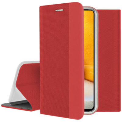 Raudonas atverčiamas dėklas Samsung Galaxy A725 A72 Smart Senso su tekstūriniu paviršiumi