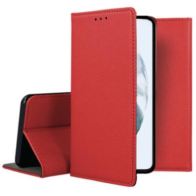 Raudonas atverčiamas dėklas Samsung Galaxy S21 FE Smart Magnet su tekstūruota paviršiaus medžiaga