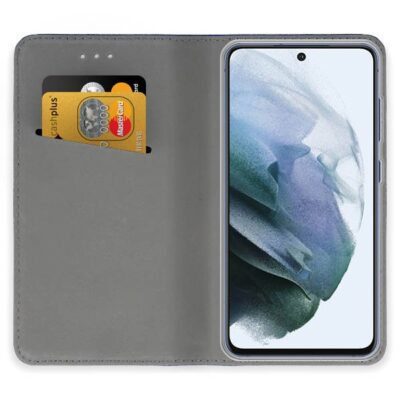 Atverčiamas dėklas Samsung Galaxy S21 FE su kortelių laikikliu pilkos spalvos