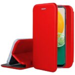 Raudonas atverčiamas dėklas Samsung Galaxy S721 S24 FE Book Elegance, atidarytas ir stovintis ant šono