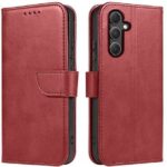 Raudonas atverčiamas dėklas Samsung S721 S24 FE Wallet su užsegimu ir kamera