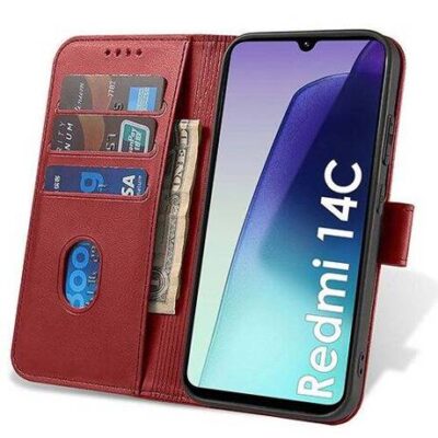 Raudonas atverčiamas dėklas Xiaomi Redmi 14C su keliomis kortelių lizdais ir pinigų skyriumi