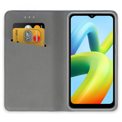 Atverčiamas raudonas dėklas Xiaomi Redmi A1 / Redmi A2 su magnetu atidarytas su dviem kortelėmis