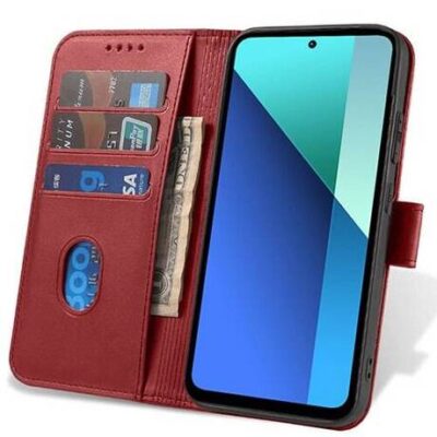 Raudonas atverčiamas dėklas Xiaomi Redmi Note 13 5G su kortelių ir pinigų laikymo skyriais