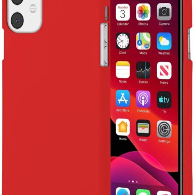 Raudonas dėklas Apple iPhone 11 Mercury Soft, matomas iš priekio ir galo su ekranu ir kameromis
