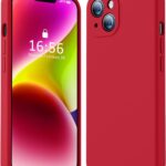 Raudonas dėklas Apple iPhone 14 Plus Liquid Silicone, matomas iš priekio ir galo