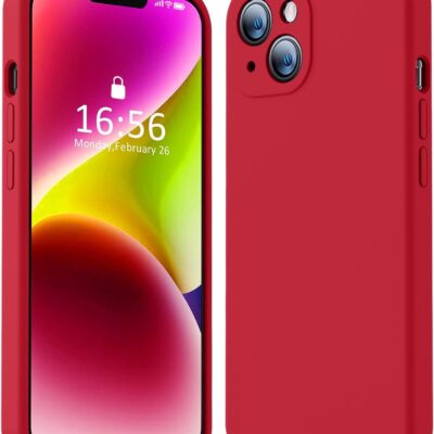 Raudonas dėklas Apple iPhone 14 Plus Liquid Silicone, matomas iš priekio ir galo