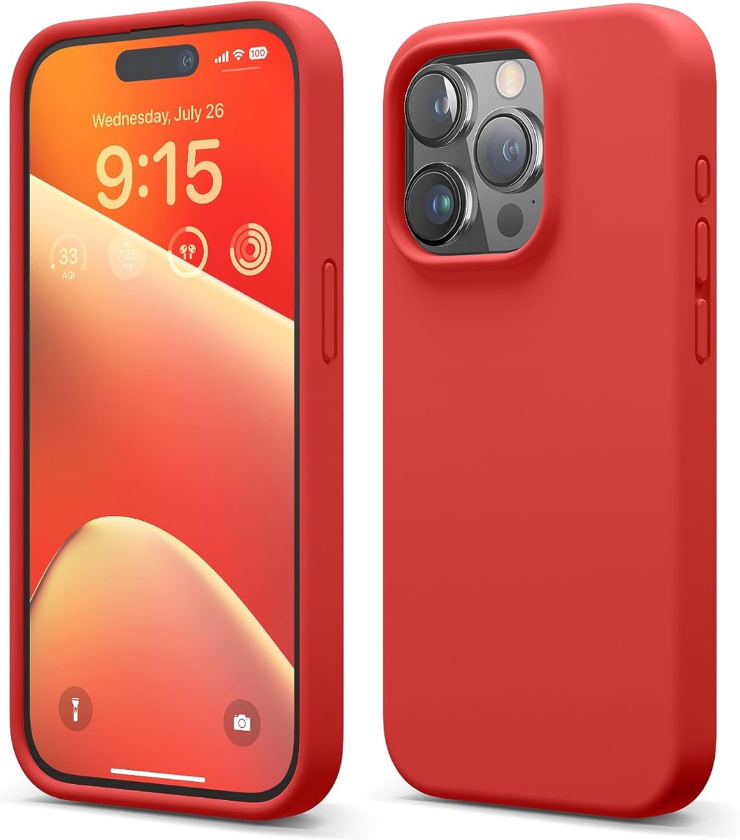 Raudonas dėklas Apple iPhone 15 Pro Mag Silicone Raudonas dėklas Apple iPhone 15 Pro Mag Silicone, matomas iš priekio ir nugarėlės su apsauga kameroms