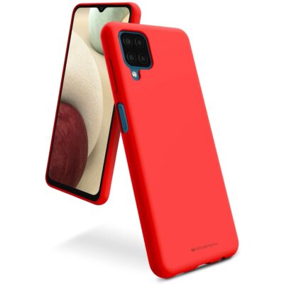 Raudonas dėklas Samsung Galaxy A225 A22 4G Mercury Soft su žvilgančiomis mėlynomis kameros ir garso mygtukų detalėmis