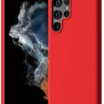 Raudonas dėklas Samsung Galaxy S22 Ultra su kameros angomis ir lygiu paviršiumi