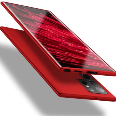 Raudonas dėklas Samsung Galaxy S22 Ultra X-level Guardian matomas iš skirtingų pusių su ryškiai raudonu atspalviu
