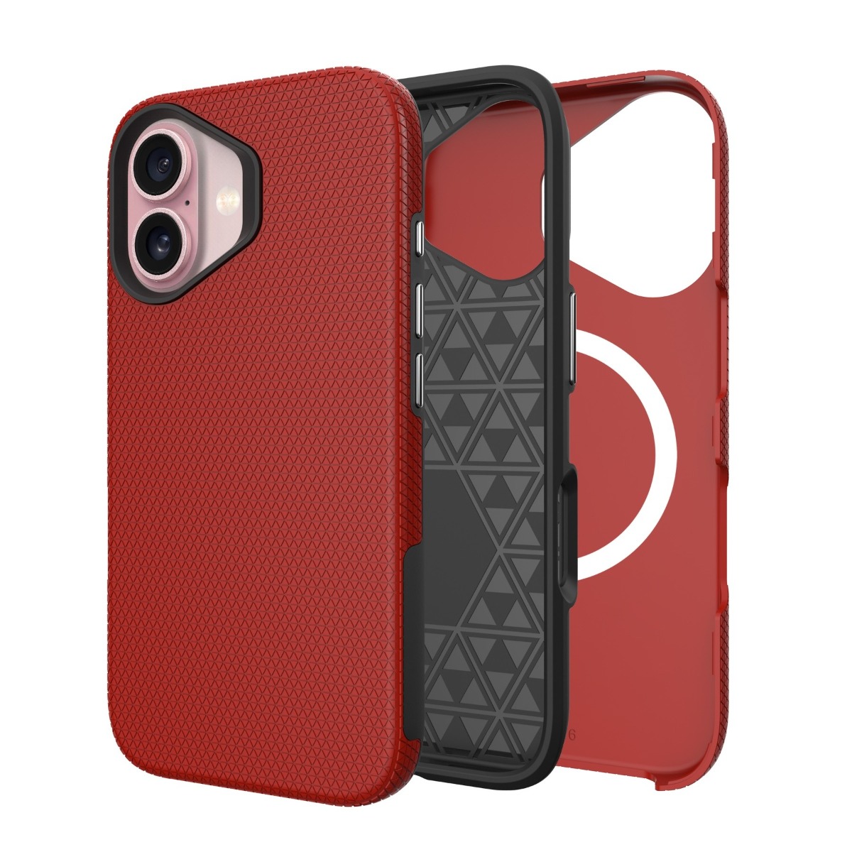 Raudonas dėklas telefonui Apple Iphone 13 14 Perfectionists Triangle Mag Raudonas dėklas telefonui Apple Iphone 13 14 su trikampiais raštais ir apsauga kraštuose