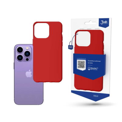 Raudonas matinis dėklas Apple iPhone 14 Pro Max ant fono šalia violetinio iPhone ir pakuotėje