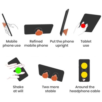 Raudonas telefono laikiklis POPsocket Circle, pavaizduotas naudojant įvairius telefonų ir planšetinių įrenginių laikymo būdus.