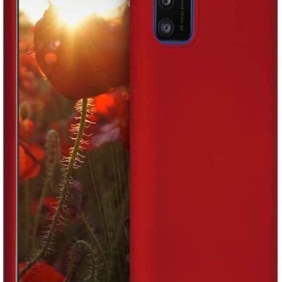 Raudonas silikoninis dėklas Samsung Galaxy A41 A415 telefone su mėlynu kameros rėmeliu