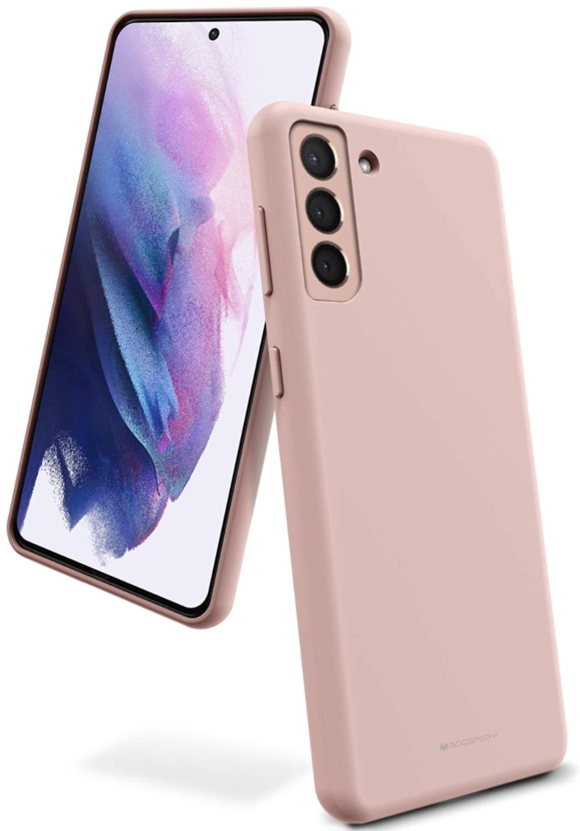 Rausvos spalvos dėklas Samsung Galaxy S21 Plus Mercury Silicone Rausvos spalvos dėklas Samsung Galaxy S21 Plus Mercury Silicone aplink telefoną pietinėje pusėje ir ekrane