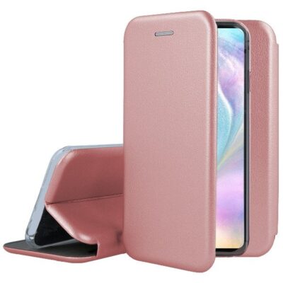 Rožinės-auksinės spalvos atverčiamas dėklas Huawei P30 Lite su smartfonių ekranu