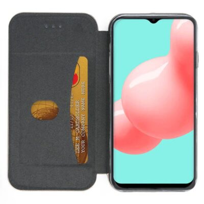 Rožinės-auksinės spalvos atverčiamas dėklas Samsung Galaxy A326 su kortelių laikikliu.