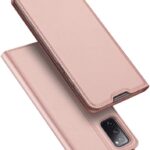 Rožinės-auksinės spalvos atverčiamas dėklas Samsung Galaxy S20 FE su kamera matoma iš nugarėlės