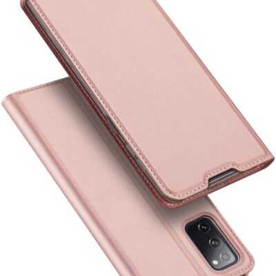 Rožinės-auksinės spalvos atverčiamas dėklas Samsung Galaxy S20 FE su kamera matoma iš nugarėlės