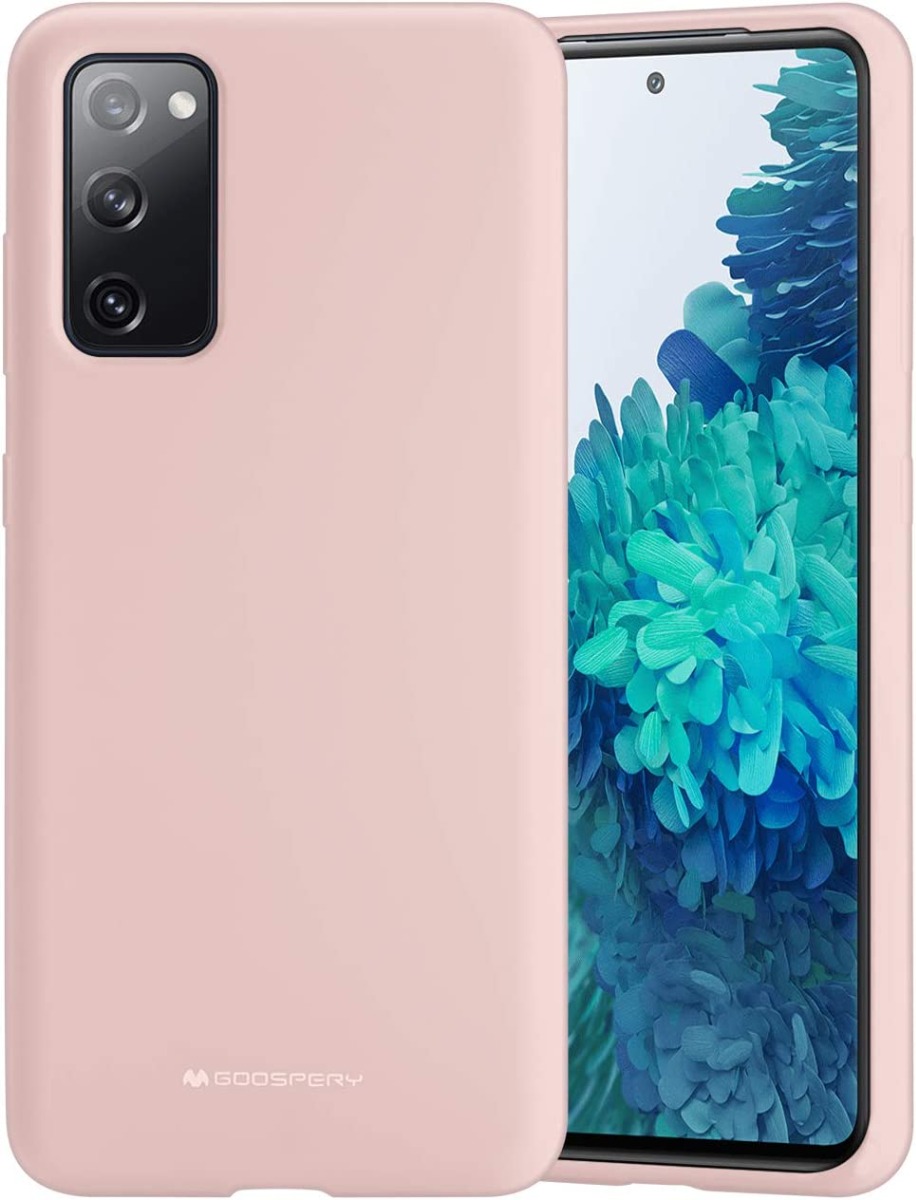 Rožinio smėlio dėklas Samsung Galaxy G780 S20 FE Mercury Silicone rozinio smelio dezklas samsung galaxy g780 s20 fe mercury silikoninis mazai matomas logotipas