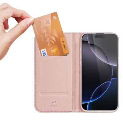 Rožinis-auksinis atverčiamas dėklas Apple iPhone 16 Pro su kortelės kišene