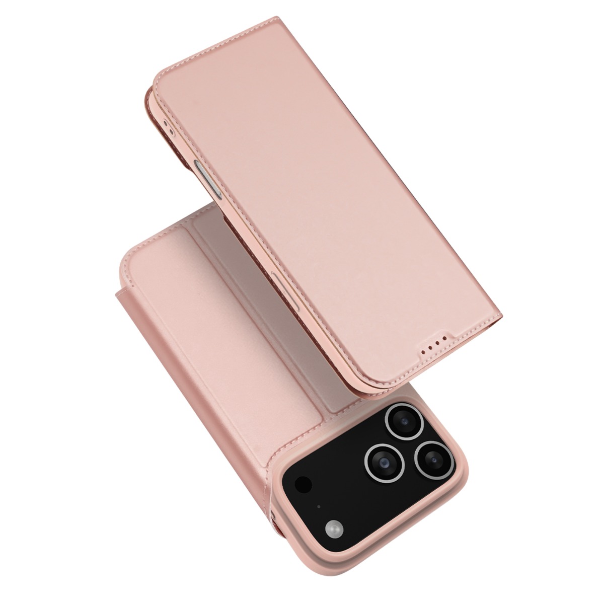 Rožinis-auksinis atverčiamas dėklas iPhone 17 Pro Max Rožinis-auksinis atverčiamas dėklas Apple iPhone 17 Pro Max su trimis kameromis ir apsauga