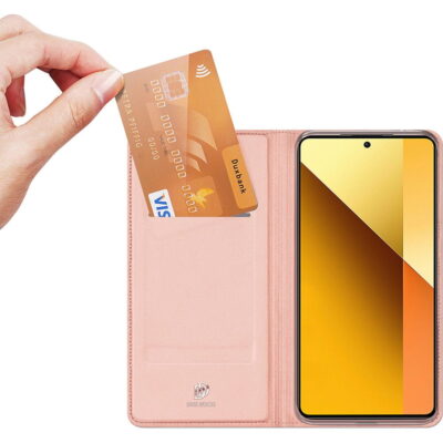 Rožinis-auksinis atverčiamas dėklas Xiaomi Redmi Note 13 5G su kortelių kišenėmis