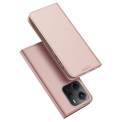 Rožinis-auksinis atverčiamas dėklas Xiaomi Redmi Note 14 4G Dux Ducis Skin Pro matomas iš skirtingų kampų